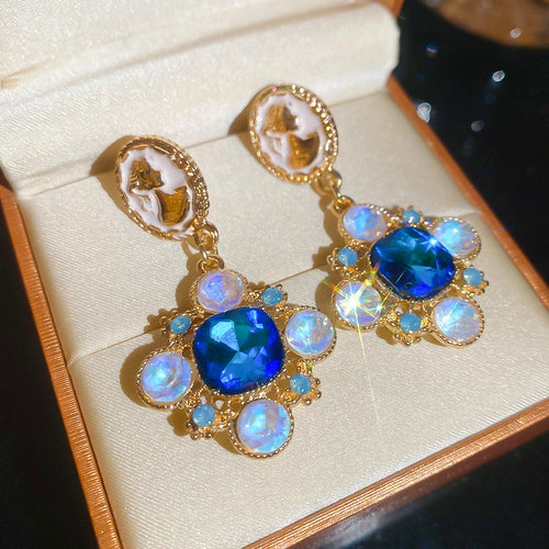 Vintage Alloy Enamel Rhinestone Flower Geometric Stud Earrings With Silver Posts For Women