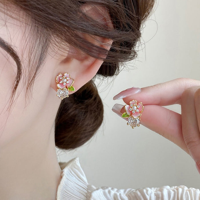 Korean Sweet Floral Zircon Pearl Copper Stud Earrings 2026 Light Luxury Designer Jewelry