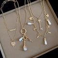 Old Money Alloy Pearl Choker Necklace With Rhinestone Heart Cross Key Pendant view 4