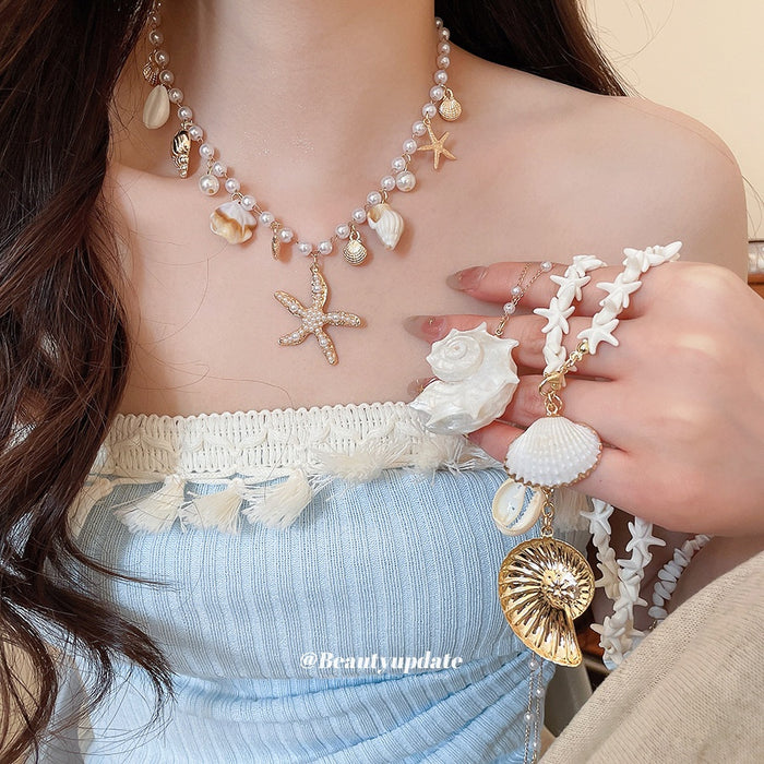 Old Money Alloy Sea Star Shell Conch Pearl Necklace Bracelet Jewelry Set For Women