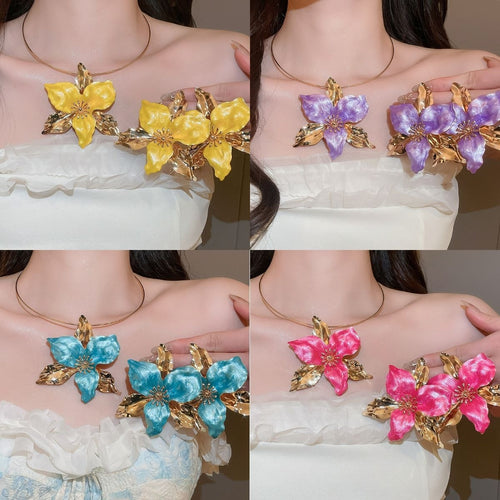 Old Money Style Iron Enamel Flower Stud Earrings Necklace Jewelry Set For Women