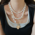 French Vintage Faux Pearl Beaded Layered Heart Pendant Collarbone Necklace For Women view 3
