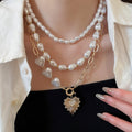 French Vintage Faux Pearl Beaded Layered Heart Pendant Collarbone Necklace For Women view 1