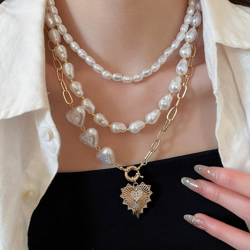 French Vintage Faux Pearl Beaded Layered Heart Pendant Collarbone Necklace For Women