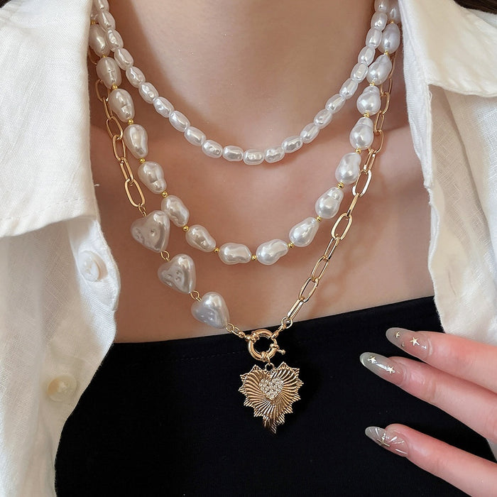 French Vintage Faux Pearl Beaded Layered Heart Pendant Collarbone Necklace For Women