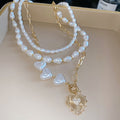 French Vintage Faux Pearl Beaded Layered Heart Pendant Collarbone Necklace For Women view 4