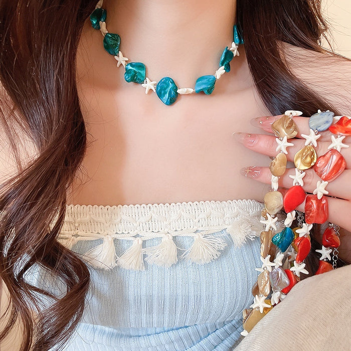 Dopamine Color Starfish Shell Beaded Necklace Sweet Resort Style Clavicle Choker