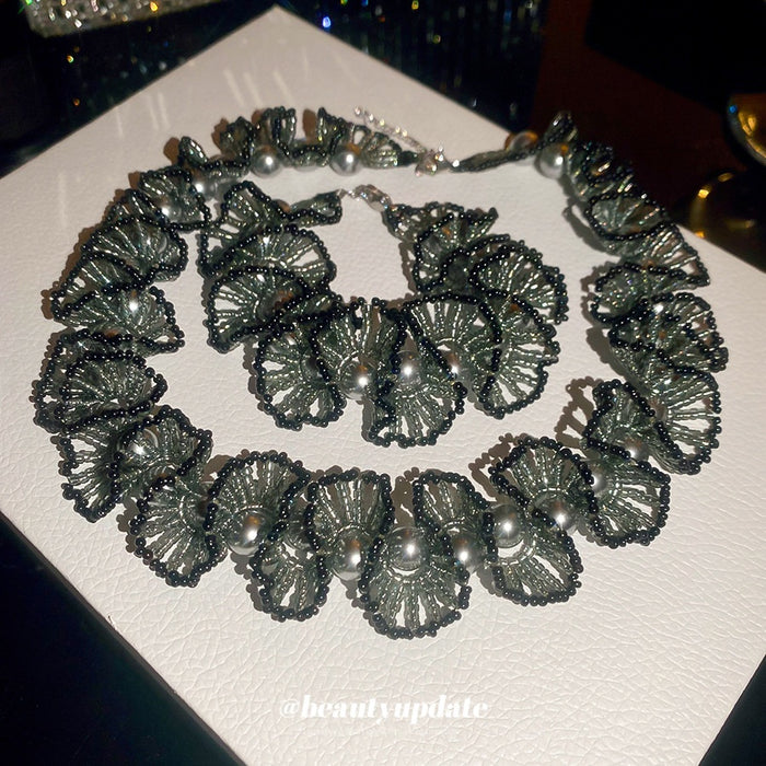 French Vintage Artificial Crystal Lace Beaded Pearl Necklace Bracelet Jewelry Set For Women