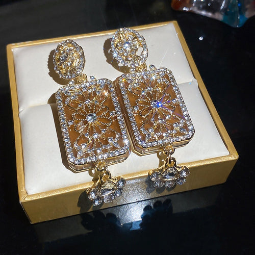 Vintage Alloy Full Rhinestone Square Stud Earrings Court Style Luxe Geometric Jewelry