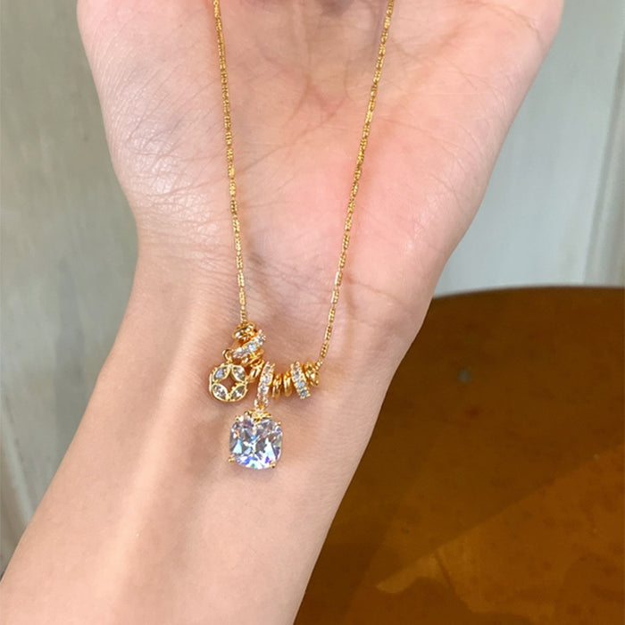 18K Gold Plated Copper French Vintage Zircon Square Pendant Necklace Light Luxury Collarbone Chain