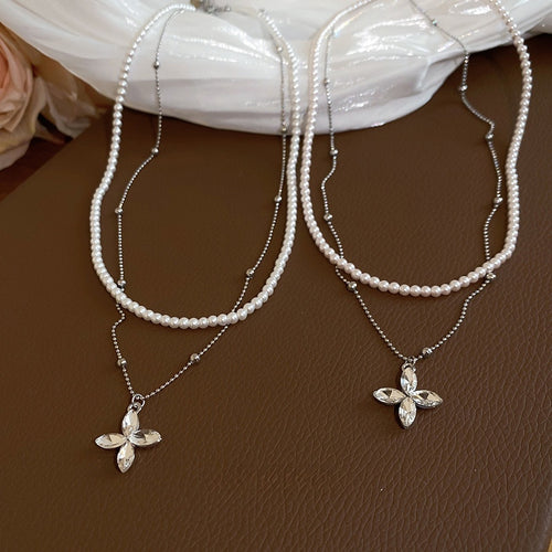 Light Luxury Faux Pearl Beaded Flower Pendant Double Layer Clavicle Necklace With Rhinestone Accents