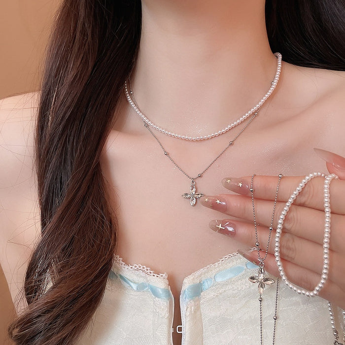 Light Luxury Faux Pearl Beaded Flower Pendant Double Layer Clavicle Necklace With Rhinestone Accents