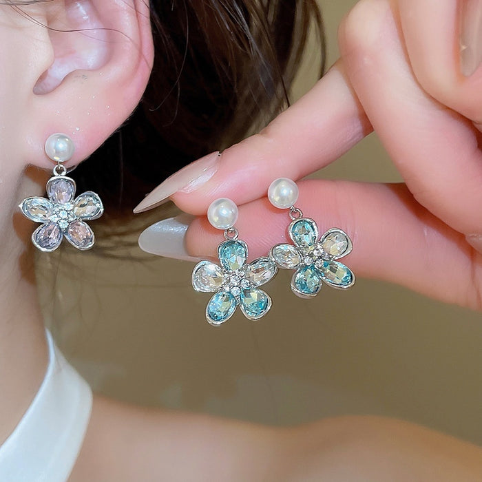 Alloy Pearl Flower Rhinestone Drop Earrings Sweet Korean Style Silver Needle Jewelry