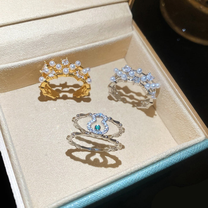 Vintage Elegant Double Layer Resin Ring With Zircon Gourd Geometric Design For Women
