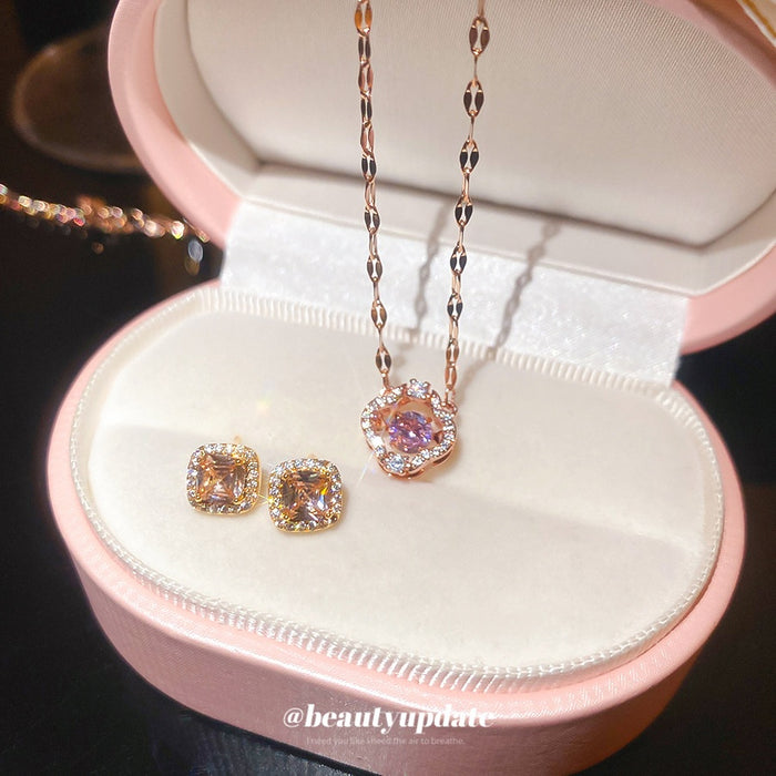 18K Gold Plated Copper Zircon Flower Earrings And Necklace Jewelry Set Vintage Court Style