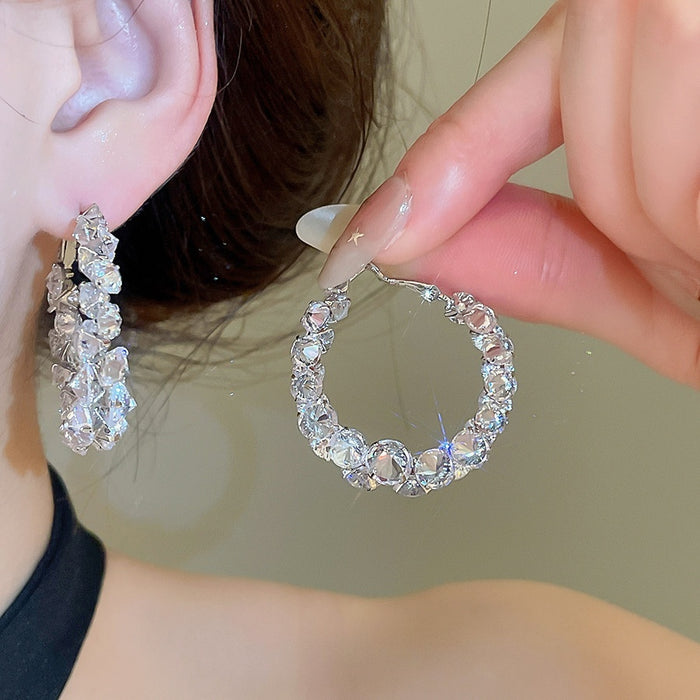 Copper Zircon Crystal Round Hoop Earrings, Geometric Light Luxury Fashion Ear Jewelry