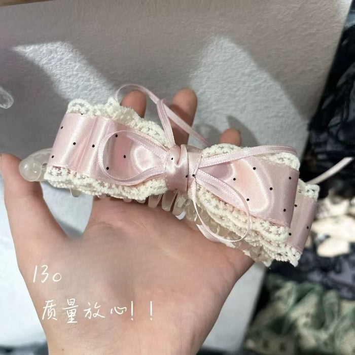 Pink Polka Dot Fabric Bow Banana Hair Clip With Ribbon