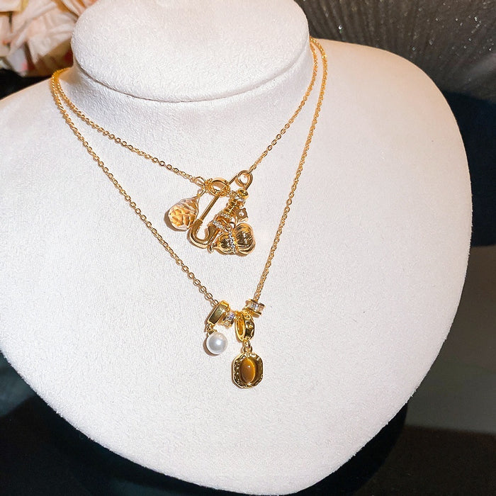 Light Luxury Copper Oval Zircon Pearl Pendant Necklace For Women Vintage Delicate Clavicle Chain