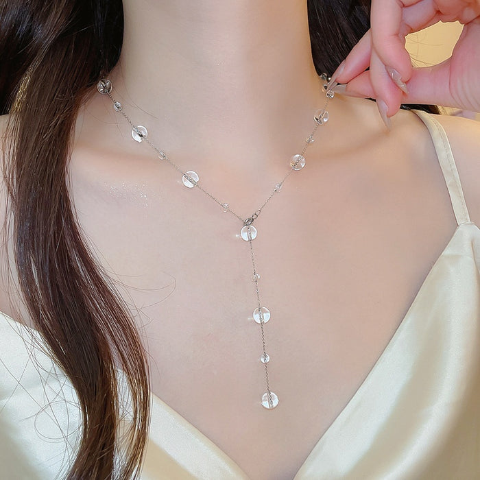 Light Luxury Y Shape Glass Crystal Beaded Geometric Round Pendant Clavicle Necklace