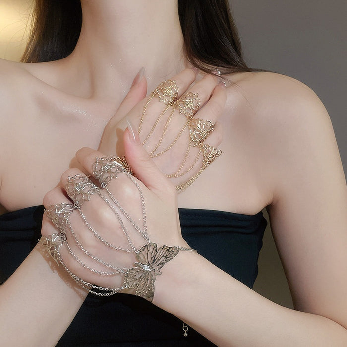 Iron Butterfly Hollow Beaded Bracelet Ring With Linked Wing Design European Style Jewelry
