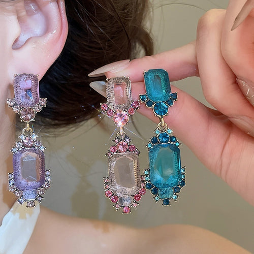Alloy Irregular Square Rhinestone Necklace Earring Jewelry Set For Women Light Luxury Palace Style