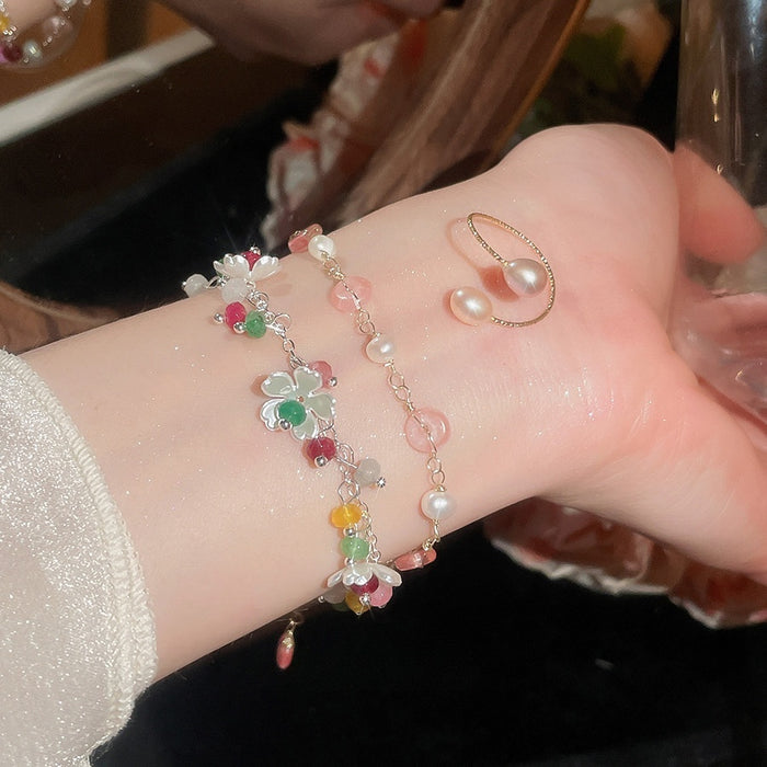 Modern Minimalist Freshwater Pearl Stone Flower Bracelet Ring Jewelry Set For Women