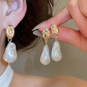 French Vintage Oval Baroque Faux Pearl Stud Earrings With Silver Pins Elegant Light Luxury Jewelry