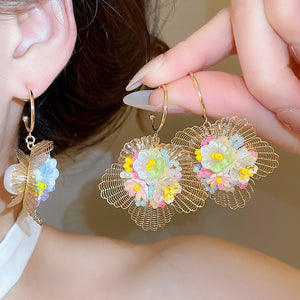 Vacation Style Hollow Floral Woven Faux Pearl Stud Earrings For Women