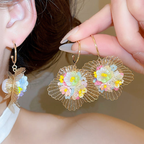 Vacation Style Hollow Floral Woven Faux Pearl Stud Earrings For Women