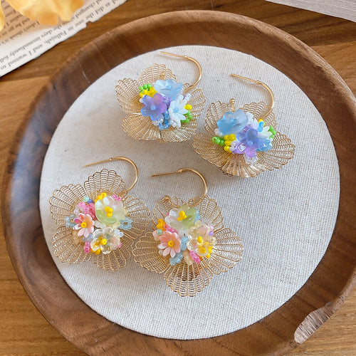 Vacation Style Hollow Floral Woven Faux Pearl Stud Earrings For Women