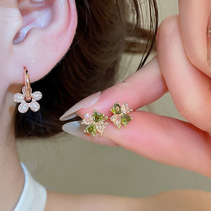 14K Gold Plated Copper Zircon Flower Pendant Drop Earrings Light Luxury Sweet Forest Style