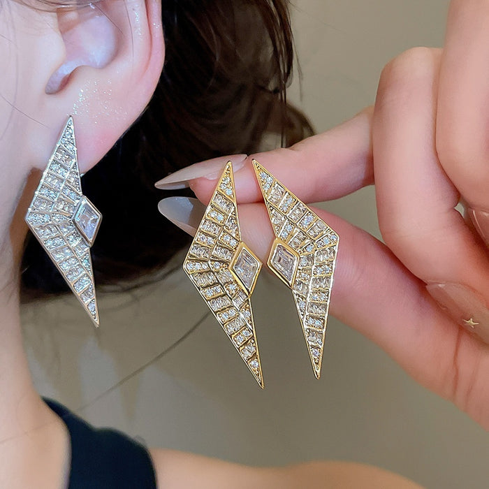 European Style Copper Triangle Zircon Stud Earrings With Silver Posts For Women