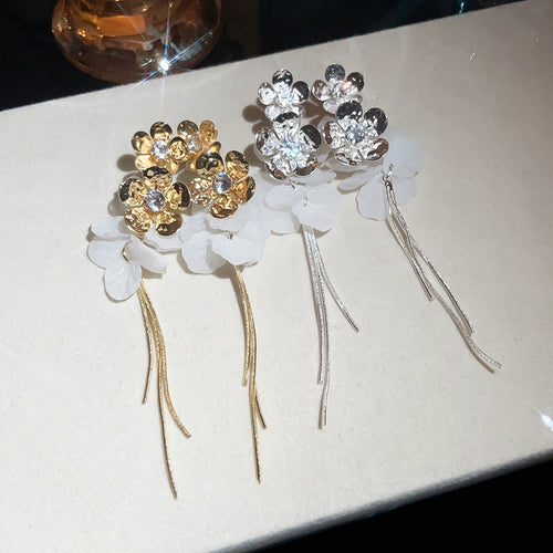 Sweet Vacation Style Resin Flower Zircon Tassel Drop Earrings With Silver Posts