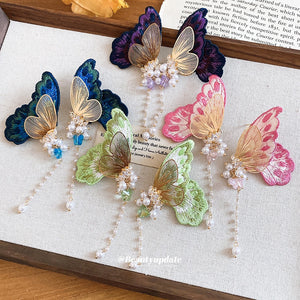 Vacation Style Embroidered Butterfly Zircon Faux Pearl Stud Earrings Sweet Pastoral Jewelry
