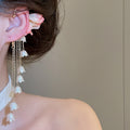 Sweet Fabric Flower Faux Pearl Tassel Drop Earrings For Vacation Style Women view 3