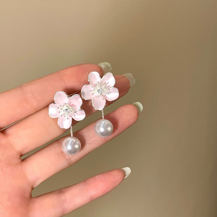 Elegant Floral Stud Earrings With Faux Pearl, Zircon And Enamel Detail For Sweet Office Style