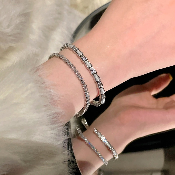 Women's Copper Mother Of Pearl Snake Bangle With Full Pavé Zircon, Elegant Geometric Fashion OL Bracelet