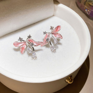 Light Spring Floral Copper Stud Earrings With Silver Pins, Zircon And Enamel Flower Design