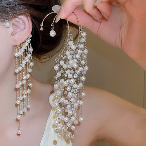 2026 New Elegant Faux Pearl Tassel Drop Earrings French Vintage Geometric Long Ear Jewelry