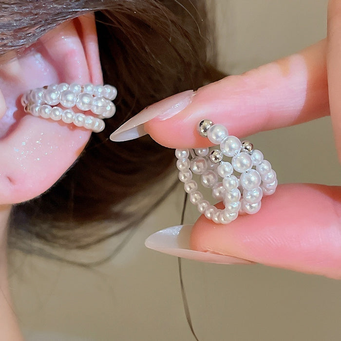 French Minimalist Layered Faux Pearl Geometric Round Clip-on Earrings For Women