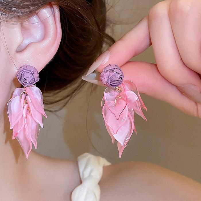 Sweet Floral Fabric Flower Acrylic Tassel Drop Earrings With Silver Pins For Women