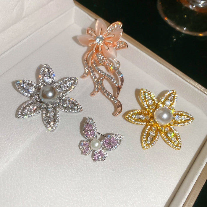 Light Luxury Copper Butterfly Brooch With Zircon Flower And Pearl For Evening Dress