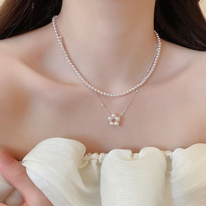 French Vintage Faux Pearl Round Beaded Necklace Light Luxury Geometric Collarbone Chain For Women