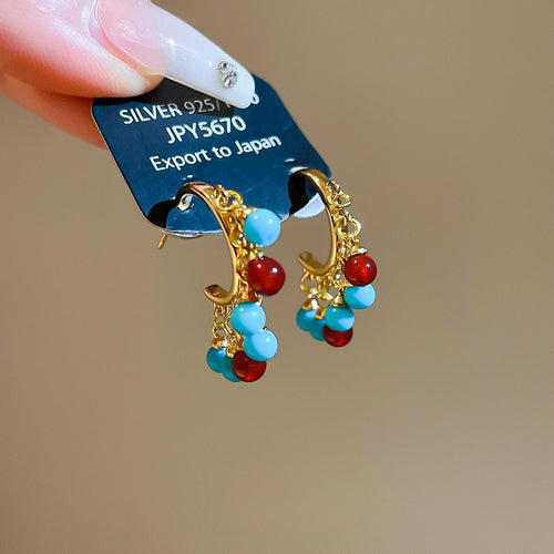 18K Gold Plated Stone Resin C Shape Tassel Stud Earrings Vintage Geometric Light Luxury Jewelry