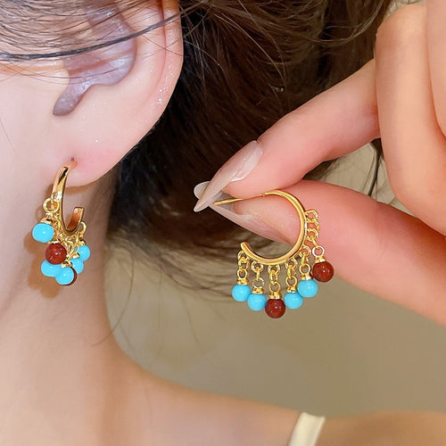 18K Gold Plated Stone Resin C Shape Tassel Stud Earrings Vintage Geometric Light Luxury Jewelry