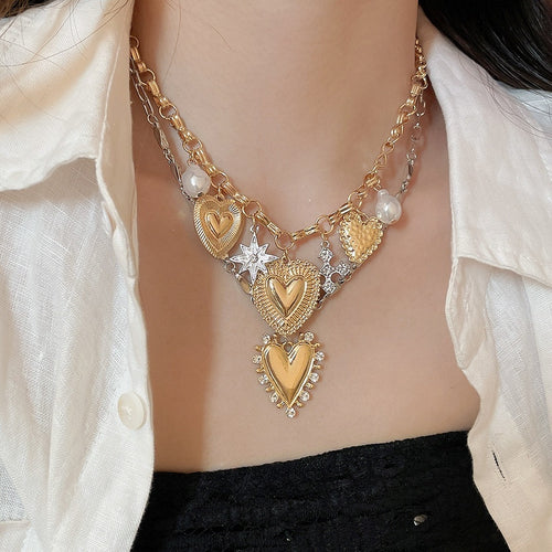 Light Luxury Vintage Court Style Double Layer Alloy Rhinestone Heart Choker Necklace For Women
