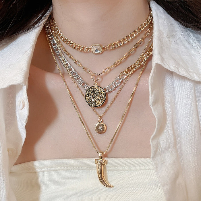 Light Luxury Alloy Multilayer Zircon Round Chain Necklace Vintage Geometric Collarbone Choker