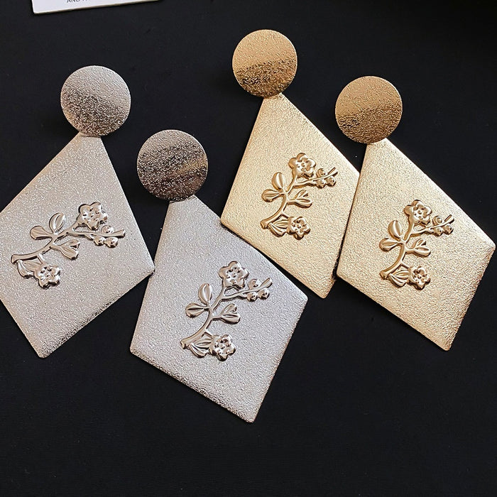Statement Iron Rhombus Print Pendant Drop Earrings With Silver Pins For Women