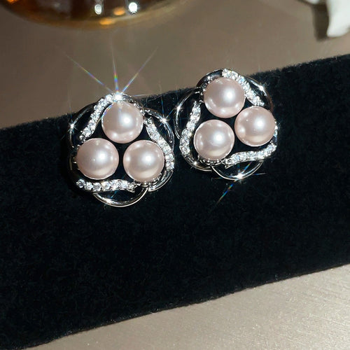 Light Luxury Faux Pearl Zircon Flower Stud Earrings Vintage Elegant Round Geometric Jewelry