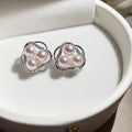 Light Luxury Faux Pearl Zircon Flower Stud Earrings Vintage Elegant Round Geometric Jewelry view 3